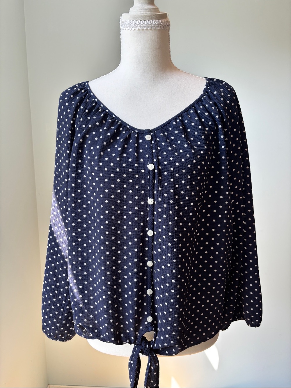 Counterparts Navy White Polka Dot Button Front Tie Hem Top - Size M